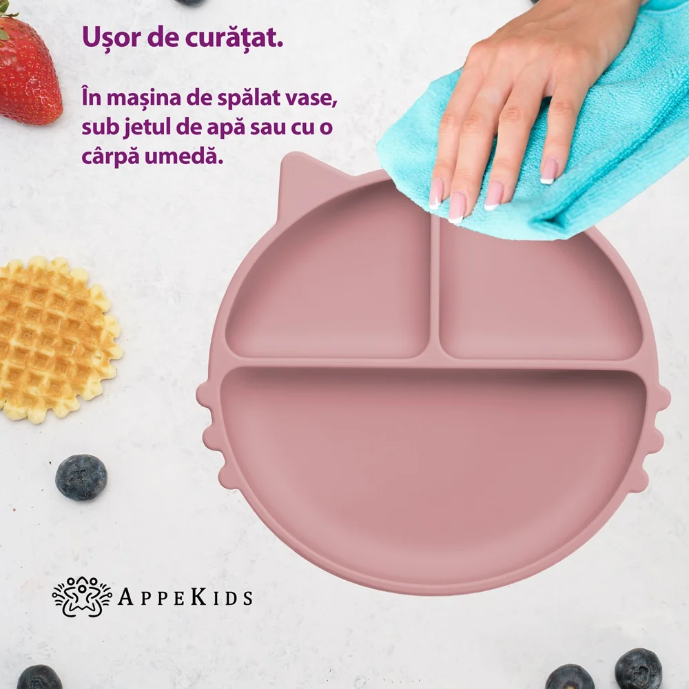 Farfurie compartimentata din silicon cu ventuza Kitty Old Rose 6 luni+, 1 bucata, Appekids