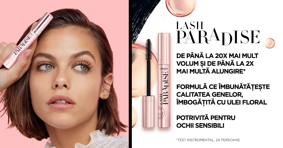 Mascara Lash Paradise cu pana la 20X mai mult volum si de pana la 2X mai multa alungire. Mascara Lash Paradise cu pana la 20X mai mult volum si de pana la 2X mai multa alungire.