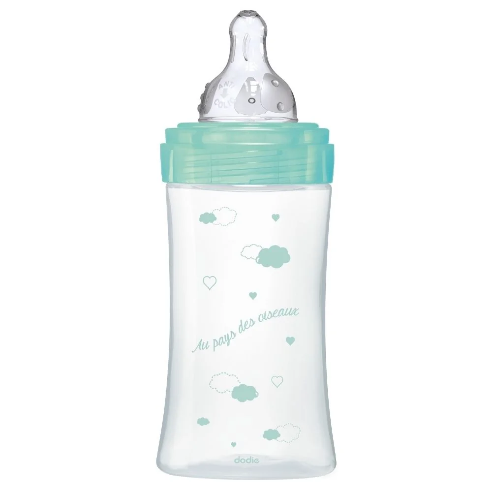 Biberon din sticla pentru initiere anti-colici 0-6 luni Debit 2 Pasari, 270ml, Dodie