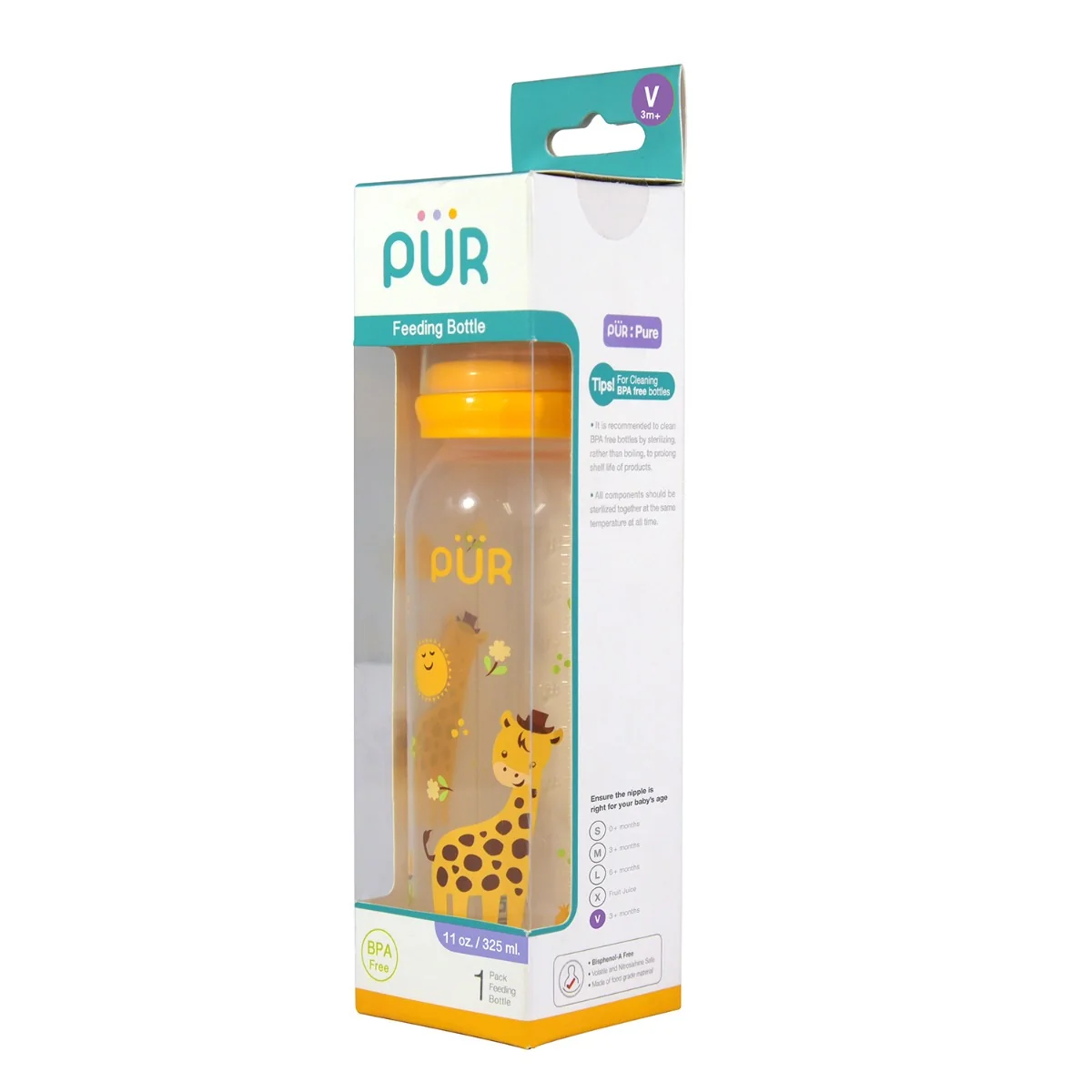 Biberon cu desen galben +3 luni, 325ml, PUR