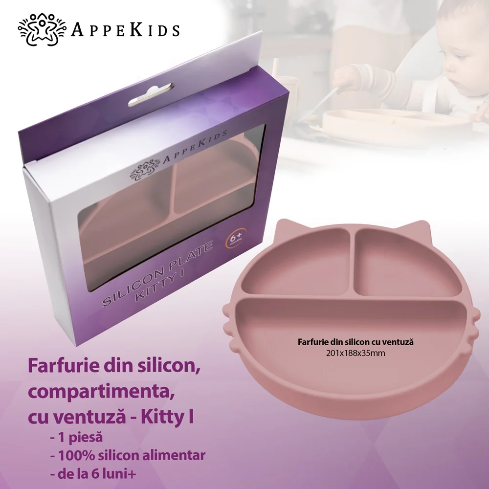 Farfurie compartimentata din silicon cu ventuza Kitty Old Rose 6 luni+, 1 bucata, Appekids