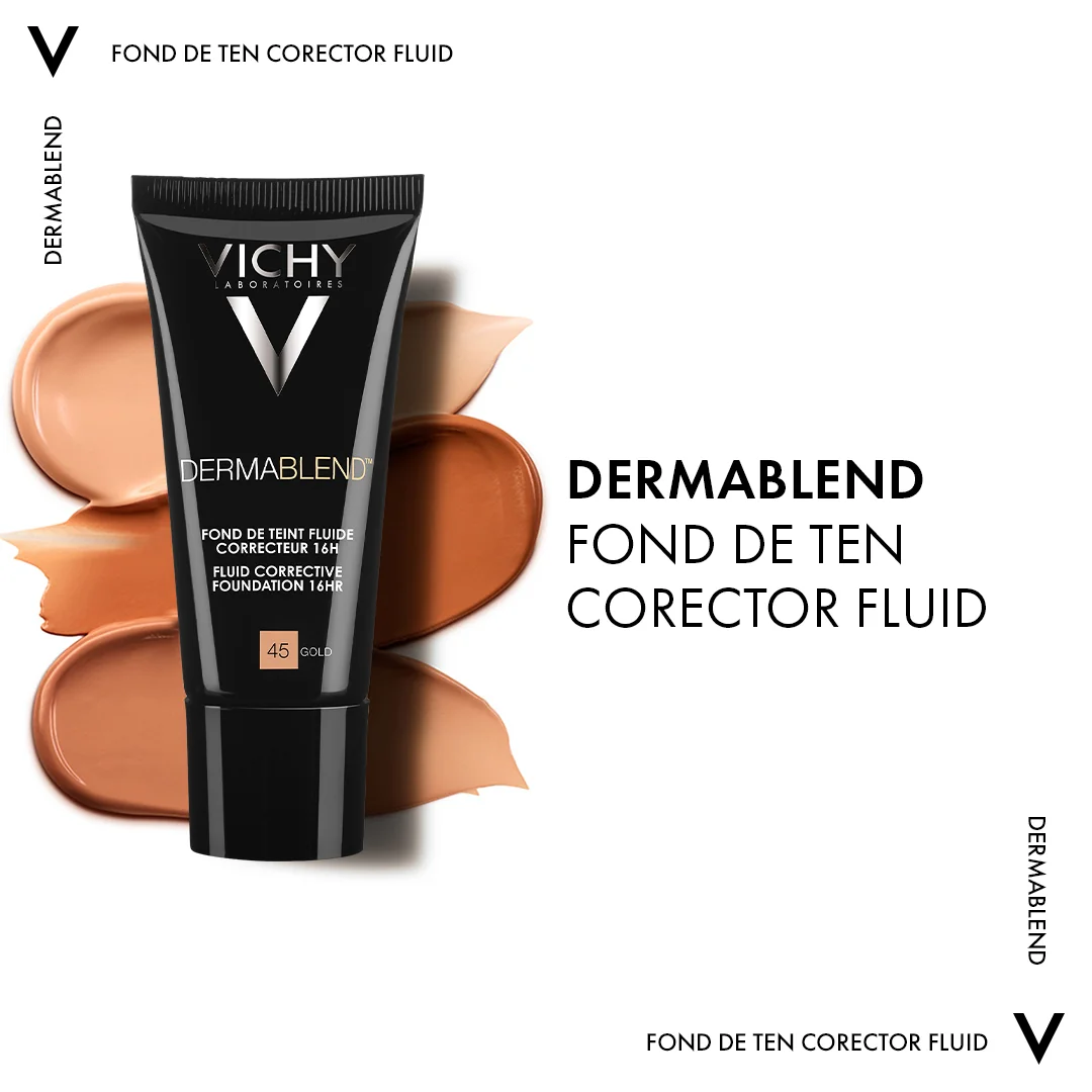 Fond de ten corector fluid rezistenta 16h SPF28 ten normal sau uscat Dermablend 45, 30ml, Vichy