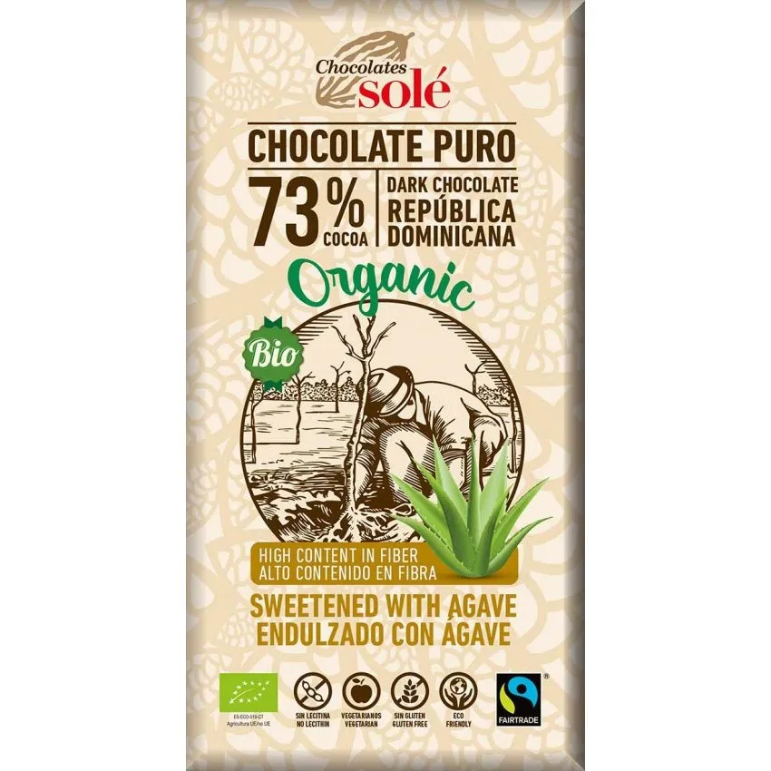 Ciocolata neagra cu 73% cacao si sirop de agave Bio, 100g, Chocolates Sole