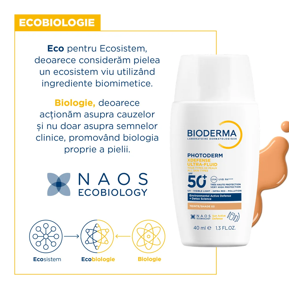 Crema colorata SPF50+ XDefense Ultra-Fluid Fototip 3 pentru protectie UV completa, 40ml, Bioderma