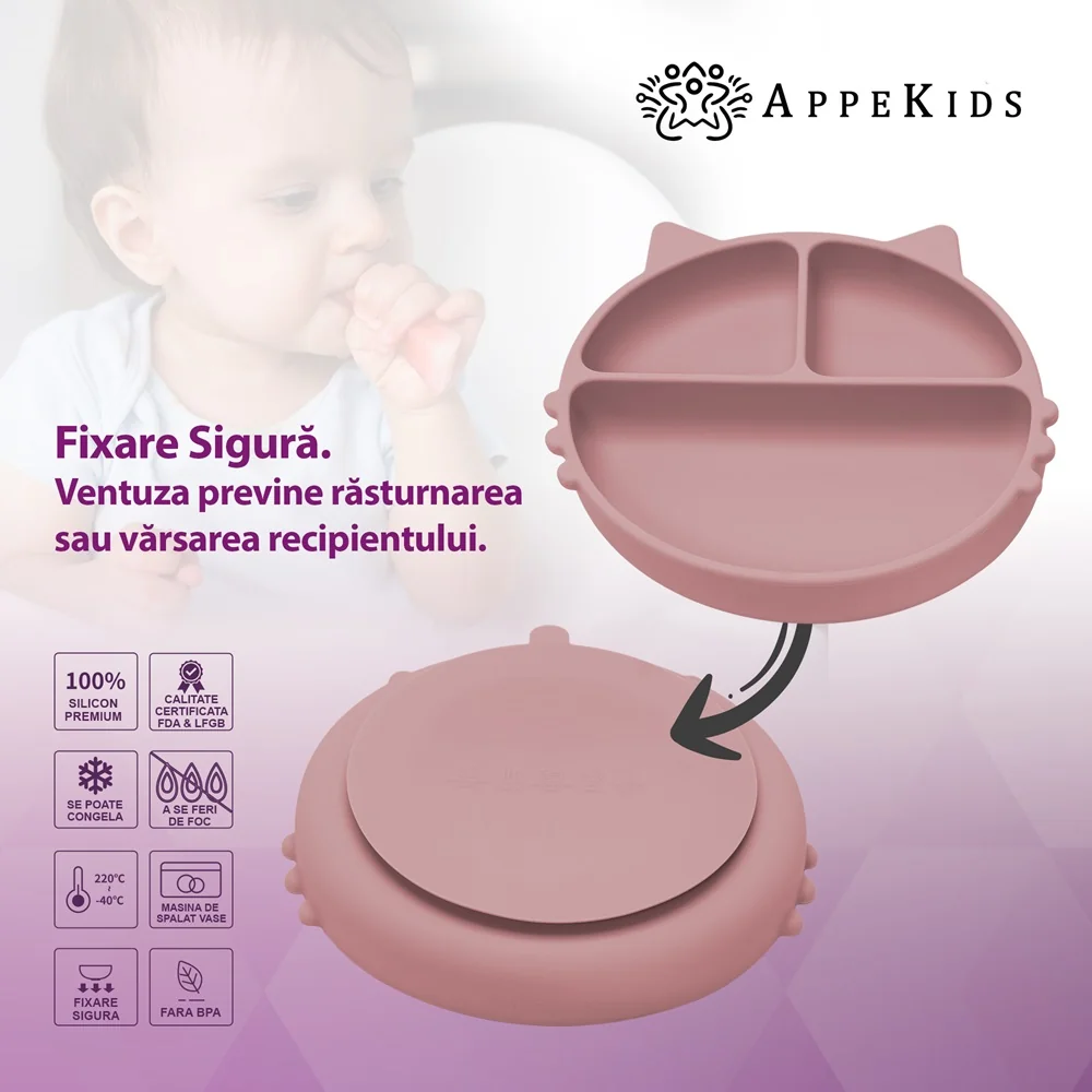 Farfurie compartimentata din silicon cu ventuza Kitty Old Rose 6 luni+, 1 bucata, Appekids