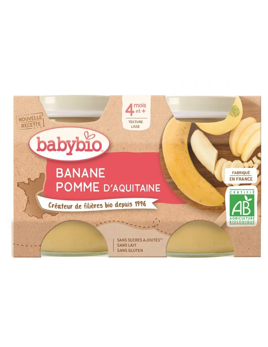 Piure de mere si banane Bio, 2 x 130g, BabyBio