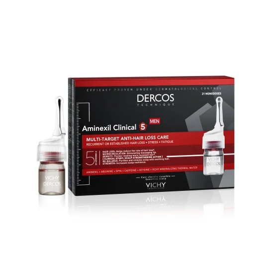 Tratament fiole impotriva caderii parului pentru barbati Aminexil Clinical 5 Dercos, 21x6 ml, Vichy