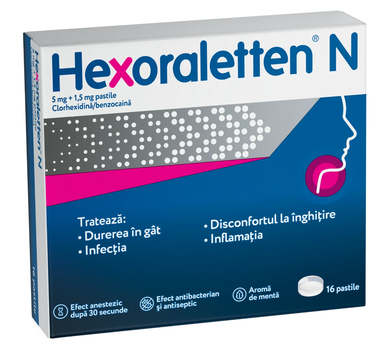 Hexoraletten N 5mg + 1,5mg, 16 pastile, Johnson&Johnson