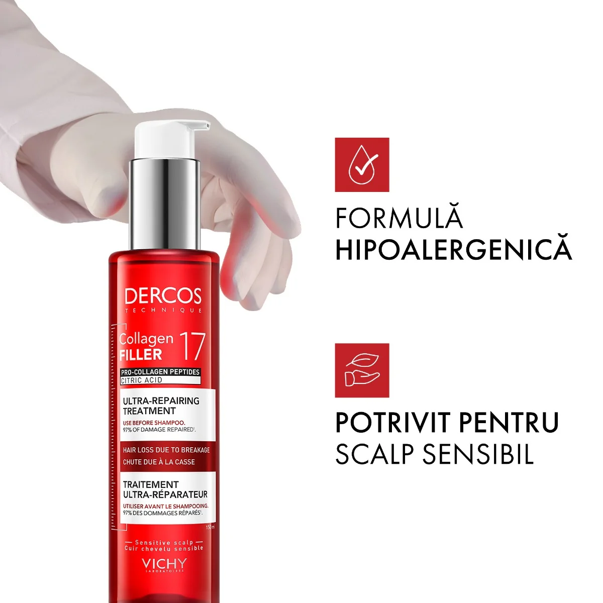 Tratament ultra-reparator cu peptide pro-colagen si acid citric Dercos Collagen 17 Filler, 150ml, Vichy
