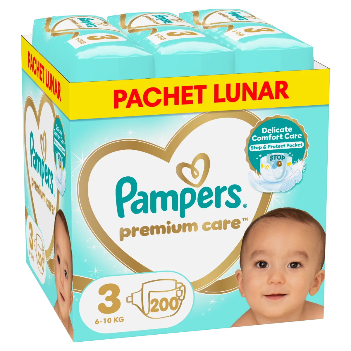 Scutece Premium Care XXL Marimea 3 pentru 6-10 kg, 200 bucati, Pampers
