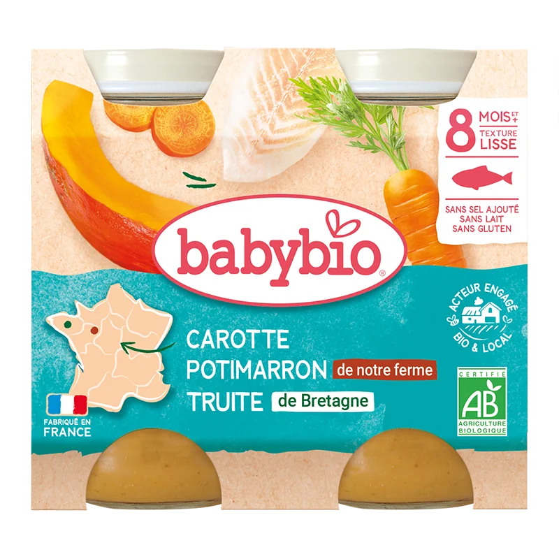 Piure cu pastrav, dovleac si morcov +8 luni Bio, 2 x 200g, BabyBio