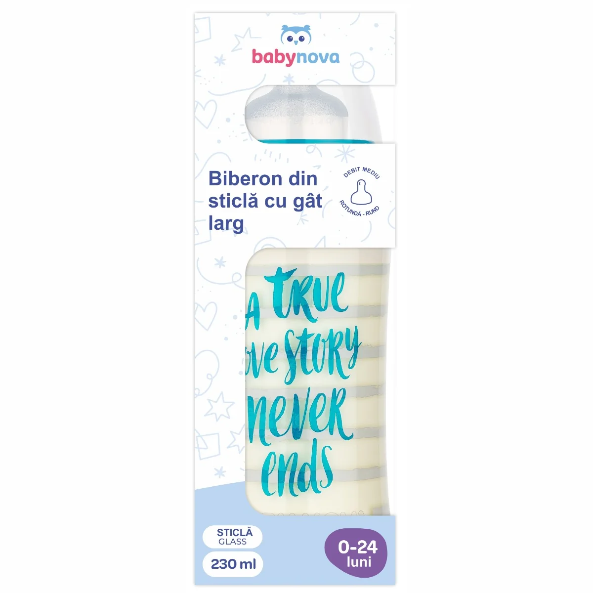 Biberon cu gat larg din sticla 44240, 240ml, Baby Nova