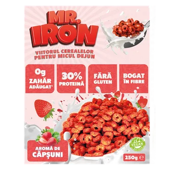 Cereale cu 30% proteina fara zahar low-carb gluten free si vegane Capsuni si Mar, 250g, Mr. Iron