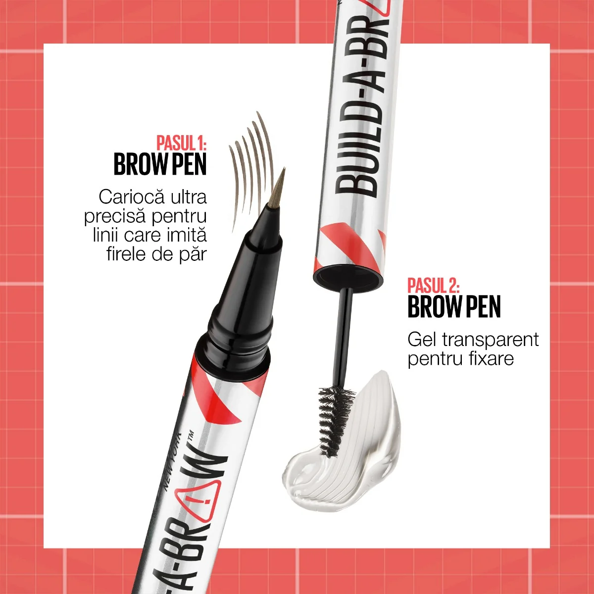 Marker de sprancene si gel de fixare 2 in 1 255 Soft Brown Build a Brow, 1.4g, Maybelline