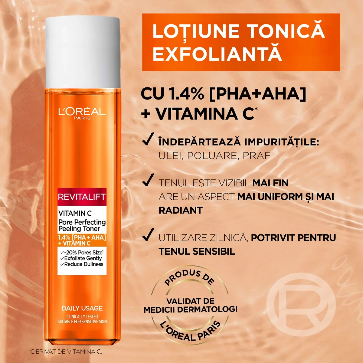 Lotiune tonica exfolianta cu vitamina C Revitalift Laser, 180ml, L'Oreal Paris