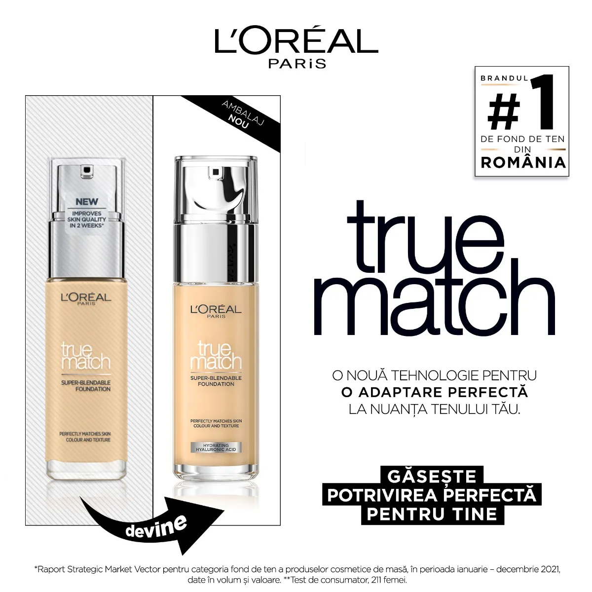 Fond de ten infuzat cu acid hialuronic True Match 1N Neutral, 30ml, L'Oreal Paris
