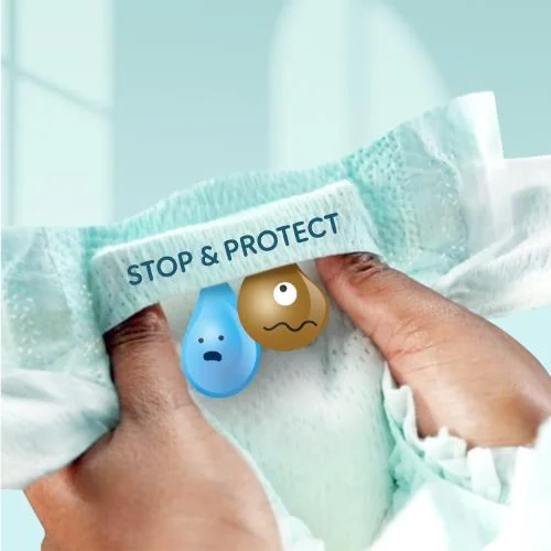 Pampers arÄtat de mĆ¢ini, cu mesajul "Stop & Protect" Či douÄ emoticoane reprezentĆ¢nd urinÄ Či scaun. Pampers arÄtat de mĆ¢ini, cu mesajul "Stop & Protect" Či douÄ emoticoane reprezentĆ¢nd urinÄ Či scaun.