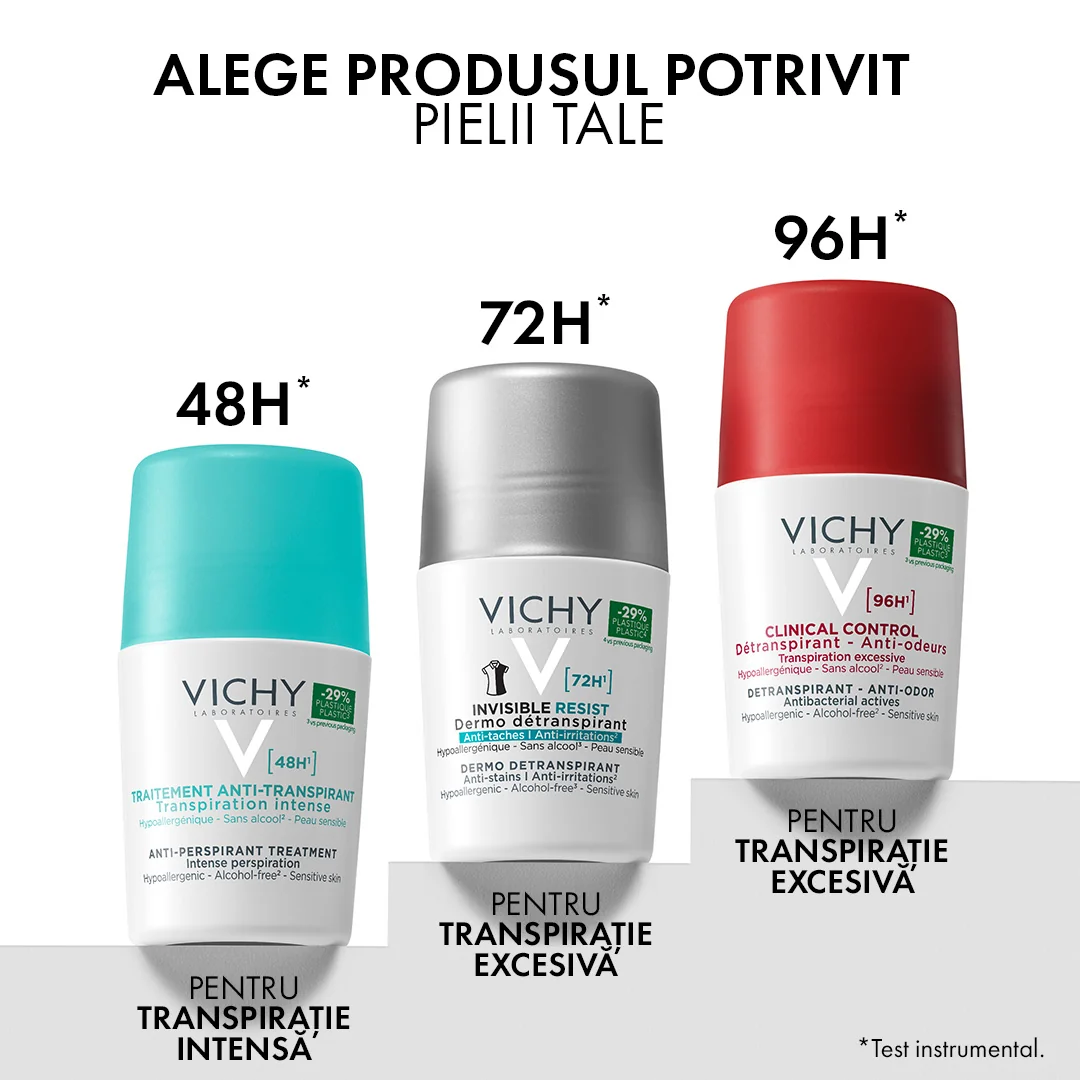 Deodorant roll-on Antiperspirant cu parfum impotriva transpiratiei intense 48h, 50ml, Vichy