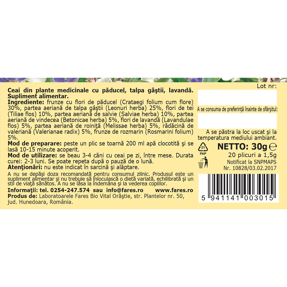 Ceai Calmocard C23, 20 plicuri, Fares 