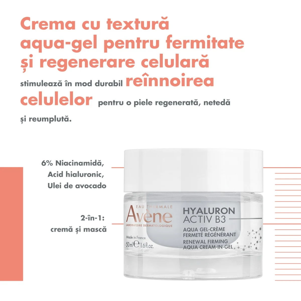 Crema pentru regenerare celulara Aqua-gel Hyaluron Activ B3, 50ml, Avene
