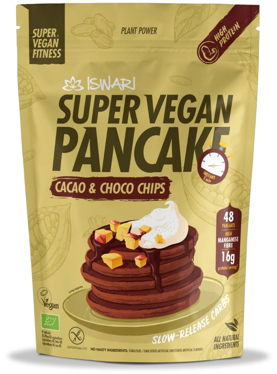 Mix pentru clatite Super Vegan bio cacao si chipsuri de ciocolata, 1200g, Iswari 