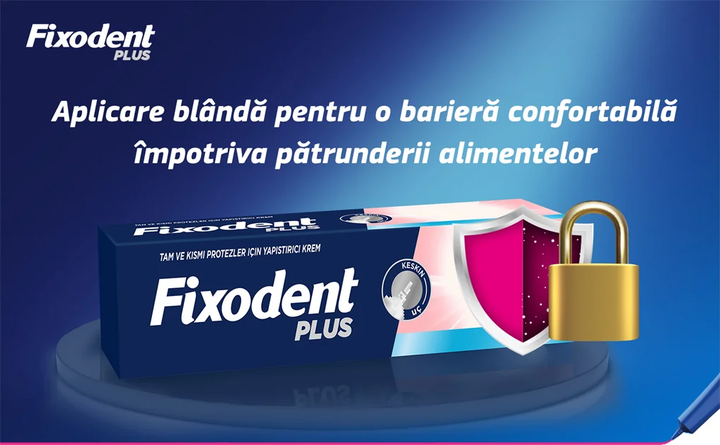 Cutie Fixodent cu un lacat pe fundal albastru. Cutie Fixodent cu un lacat pe fundal albastru.