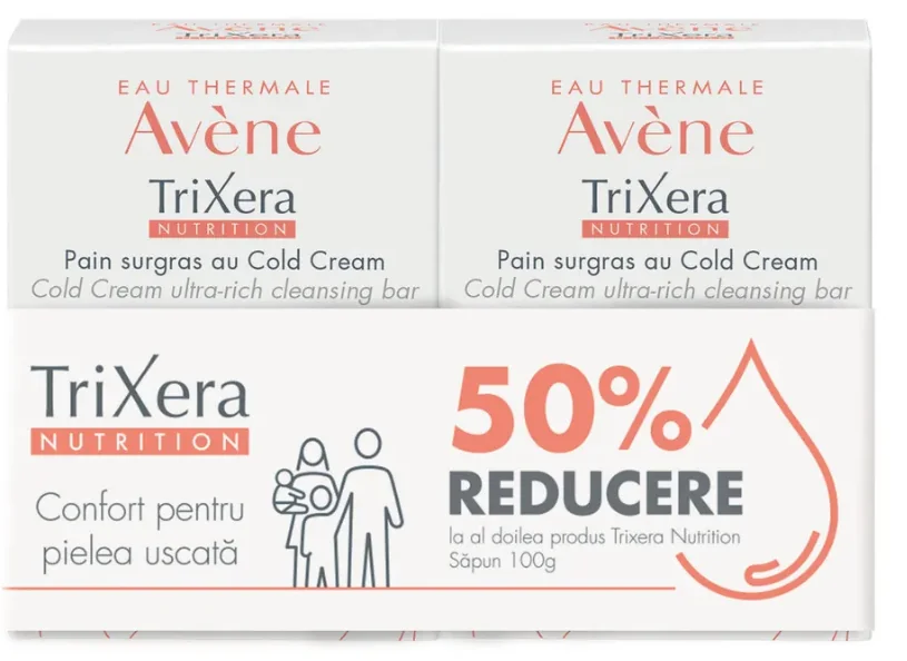 Pachet Sapun hidratant pentru piele sensibila si uscata Trixera Nutrition 1 + 50% reducere la al doilea produs, 2 x 100g, Avene