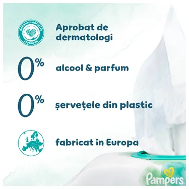 Servetele umede Pampers aprobate dermatologic, fara alcool si parfum, fara plastic. Servetele umede Pampers aprobate dermatologic, fara alcool si parfum, fara plastic.