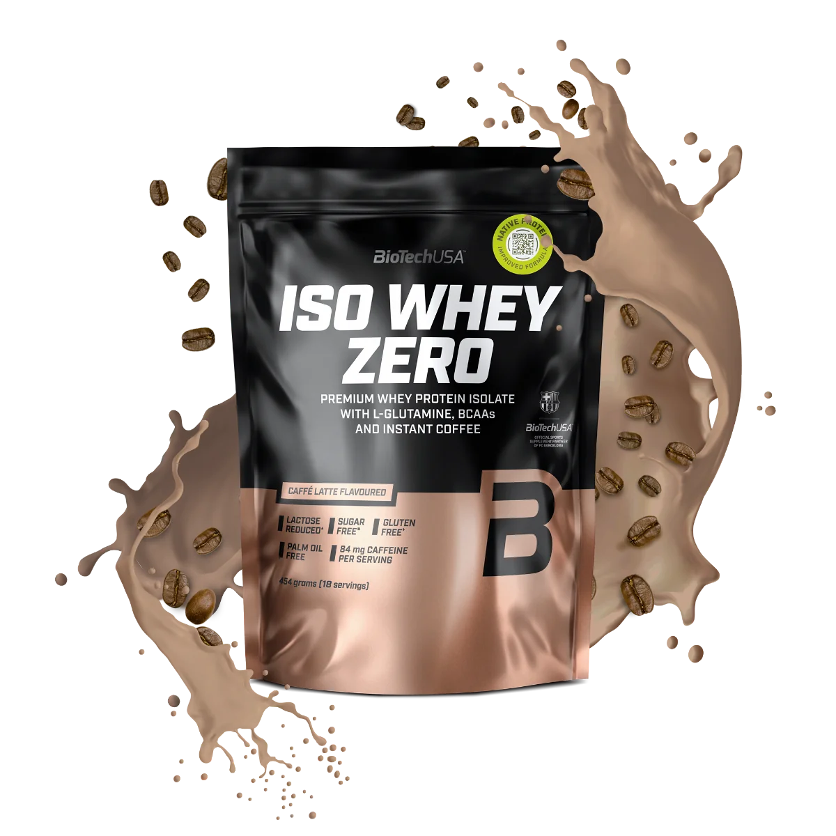 Pudra din izolat proteic din zer cu aroma de caffe latte Iso Whey Zero, 454g, BioTechUSA