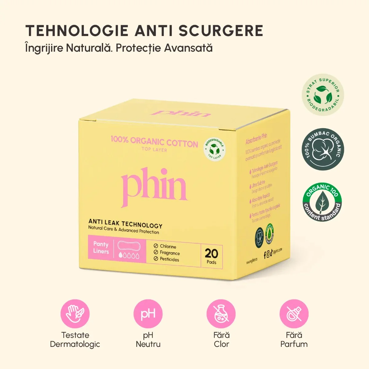 Absorbante zilnice din bumbac organic, 20 bucati, Phin 