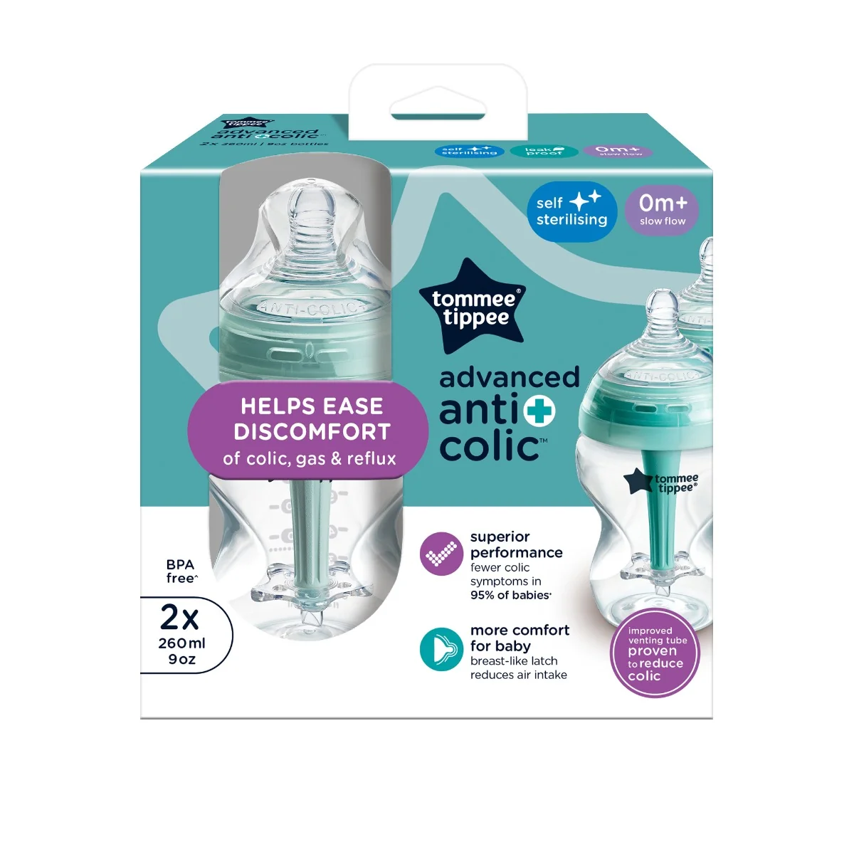 Set biberoane Advanced Anti-colici cu autosterilizare din PP pentru 0 luni + Natural Start, 2 x 260ml, Tommee Tippee