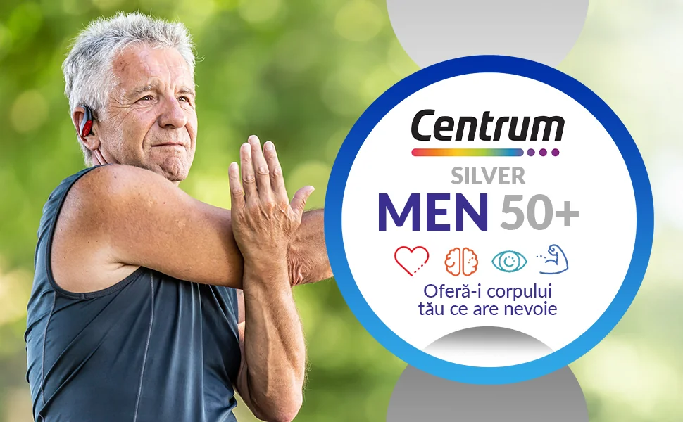 Barbat care face incalzire inainte de sport si Eticheta Centrum Men 50+ Ofera-i corpului tau ce are nevoie Barbat care face incalzire inainte de sport si Eticheta Centrum Men 50+ Ofera-i corpului tau ce are nevoie