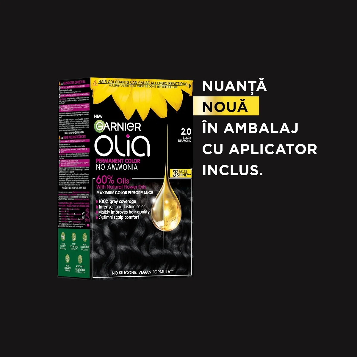 Vopsea de par permanenta fara amoniac 2.0 Black Diamond Olia, 174ml, Garnier