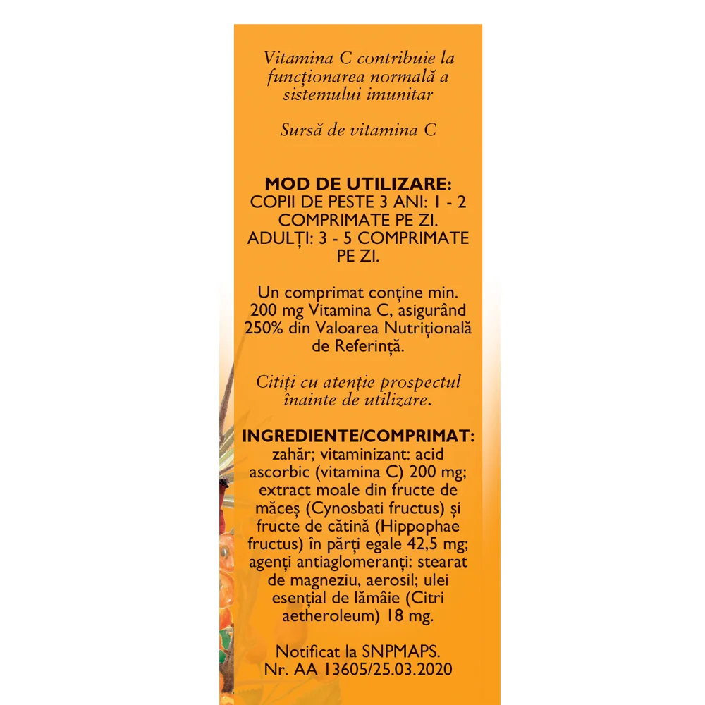 Vitamina C 200mg cu macese si catina, 60 comprimate, Fares