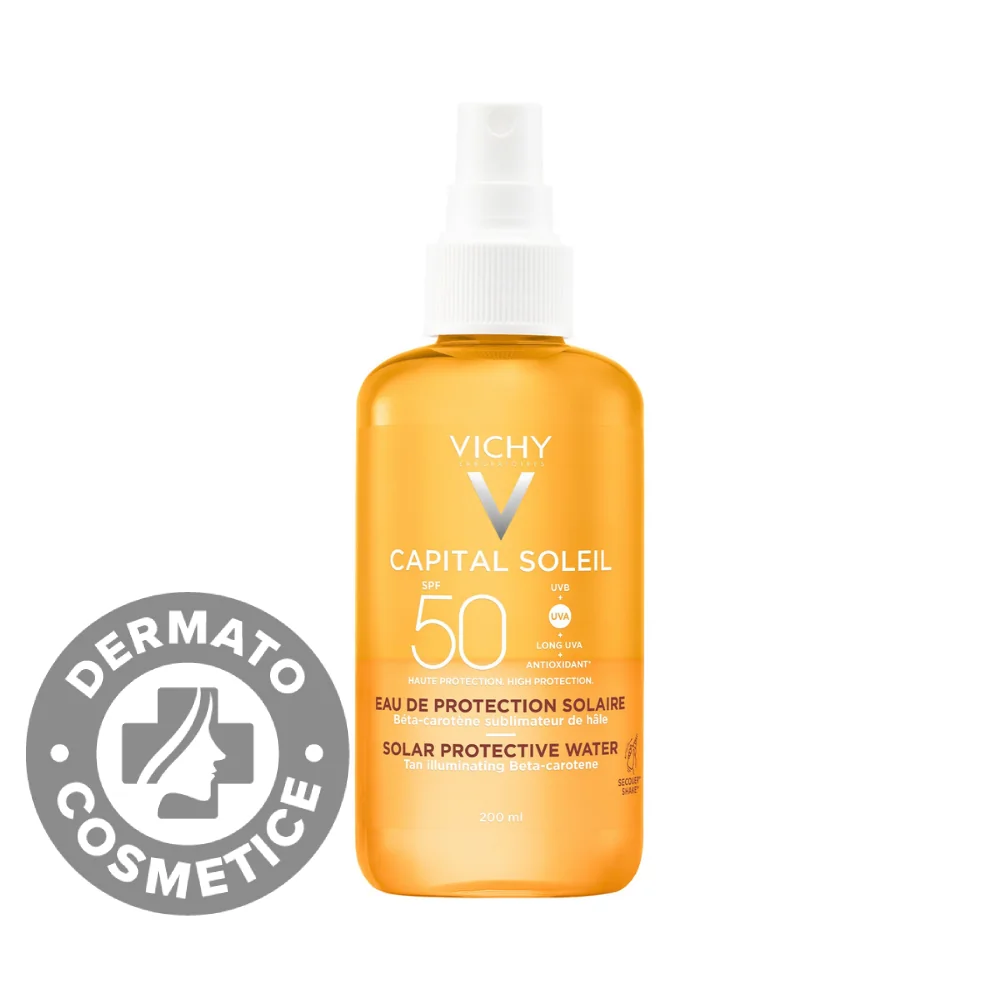 Apa cu protectie solara SPF 50 pentru bronz de durata fata si corp Capital Soleil, 200ml, Vichy