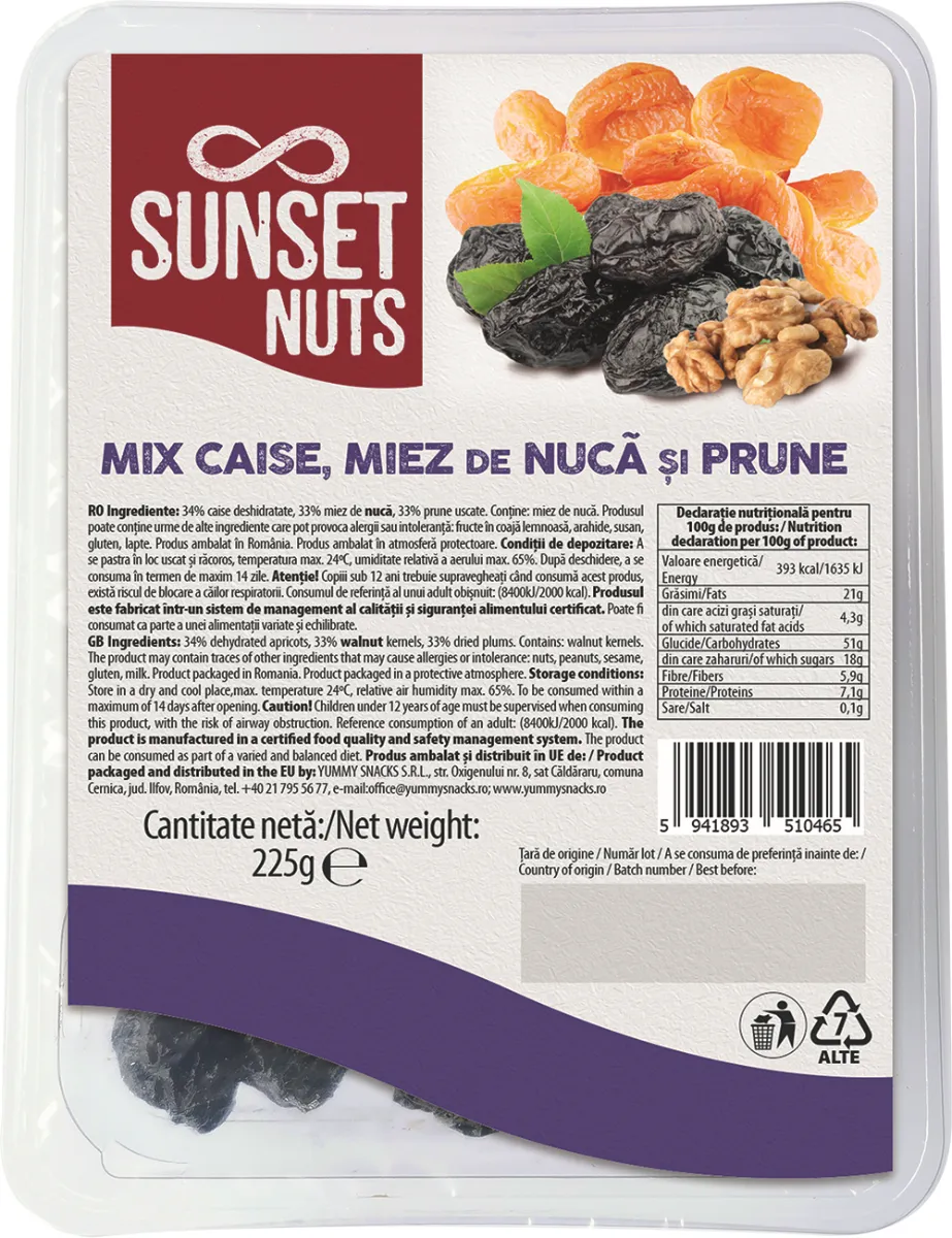 Mix miez de nuca, caise si prune, 225g, Sunset Nuts