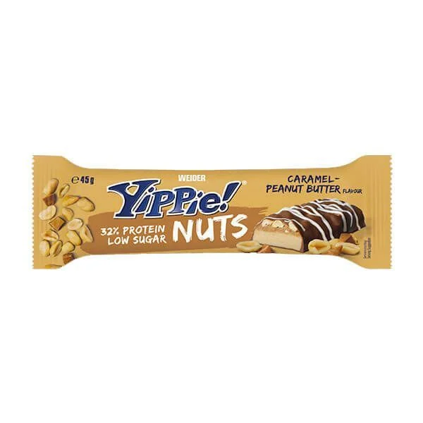 Baton proteic cu aroma de Caramel Peanut-Butter Yippie! Nuts Bar, 45g, Weider