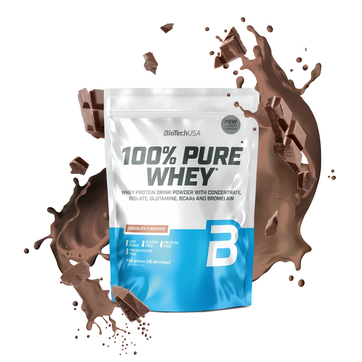 Pudra proteica 100% Pure Whey cu aroma de ciocolata, 454g, BioTechUSA
