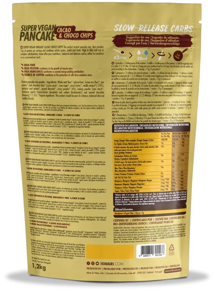 Mix pentru clatite Super Vegan bio cacao si chipsuri de ciocolata, 1200g, Iswari