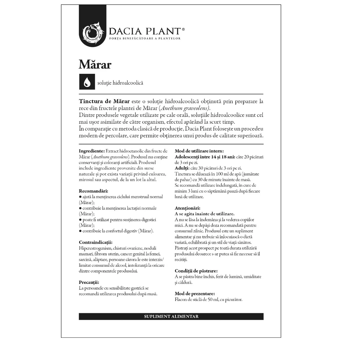 Tinctura de marar, 50ml, Dacia Plant
