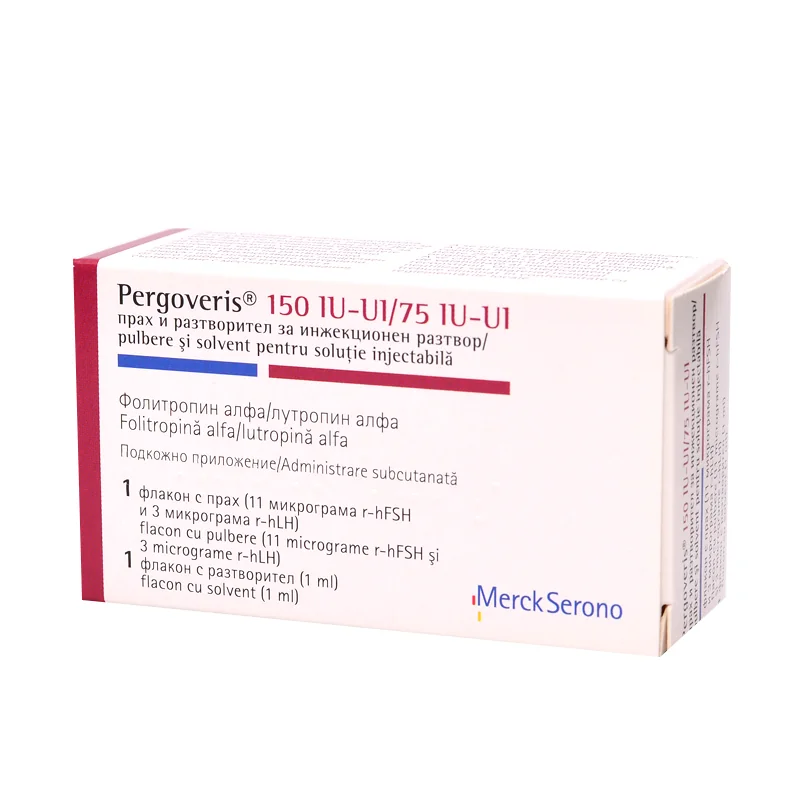 Pergoveris 150UI/75UI Follitropinum Alfa + Lutropinum Alfa, 1 flacon pulbere + 1 flacon solvent, Merck