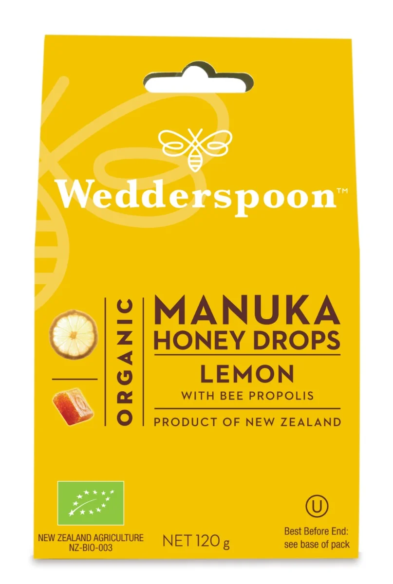 Bomboane ecologice cu miere de manuka, lamaie si propolis, 120g, Wedderspoon