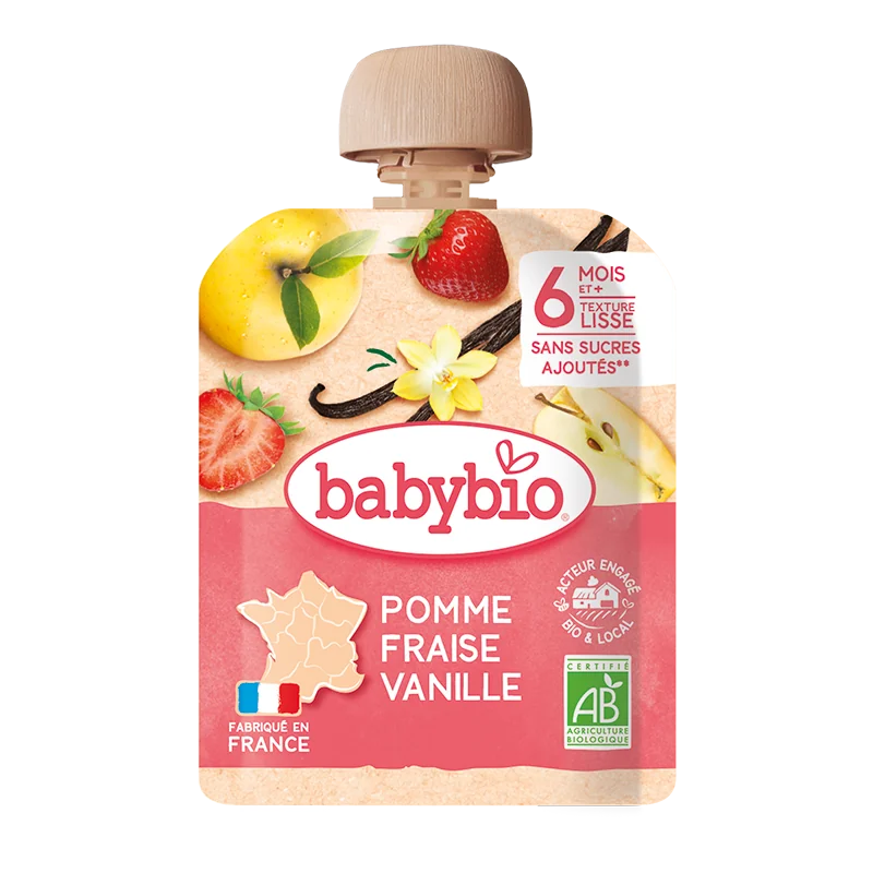 Desert bio din mere, capsuni si vanilie +6 luni, 90g, BabyBio