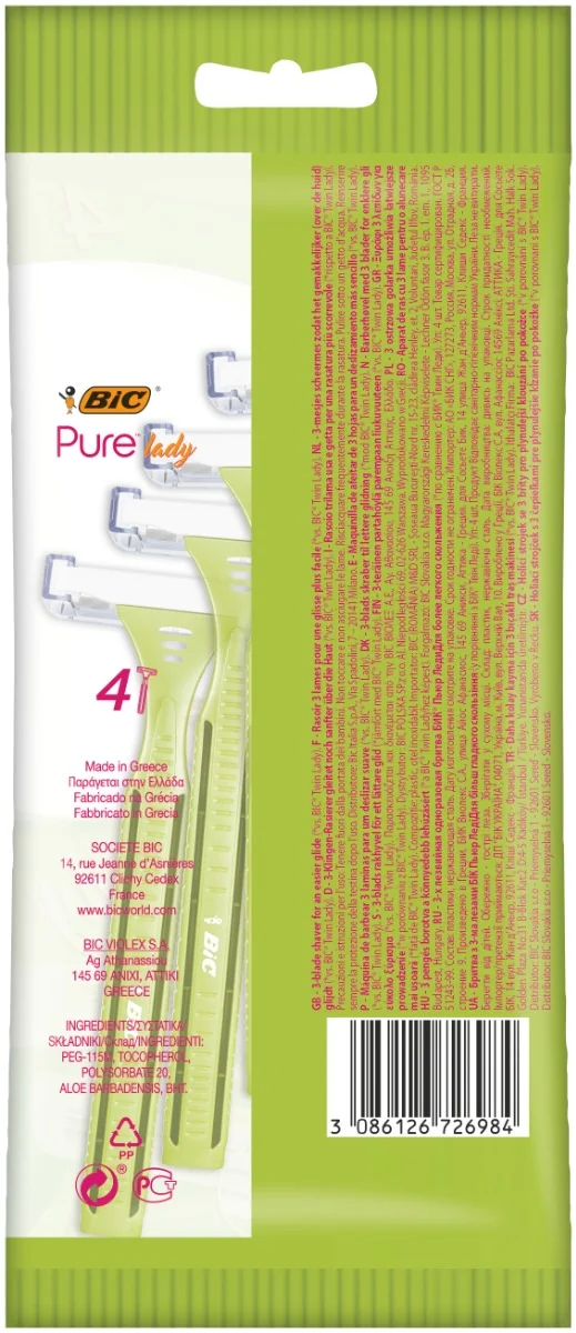 Pachet Aparat de ras Pure3 Lady Verde, 4 bucati, BIC