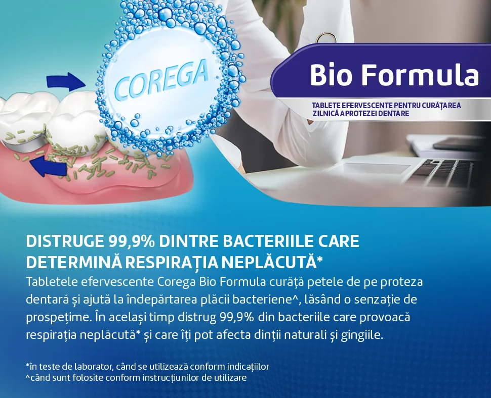 dantura inflamata care se curata datorita produsului cu text Distruge 99,9% din bacteriile care det6ermina respiratia neplacuta dantura inflamata care se curata datorita produsului cu text Distruge 99,9% din bacteriile care det6ermina respiratia neplacuta