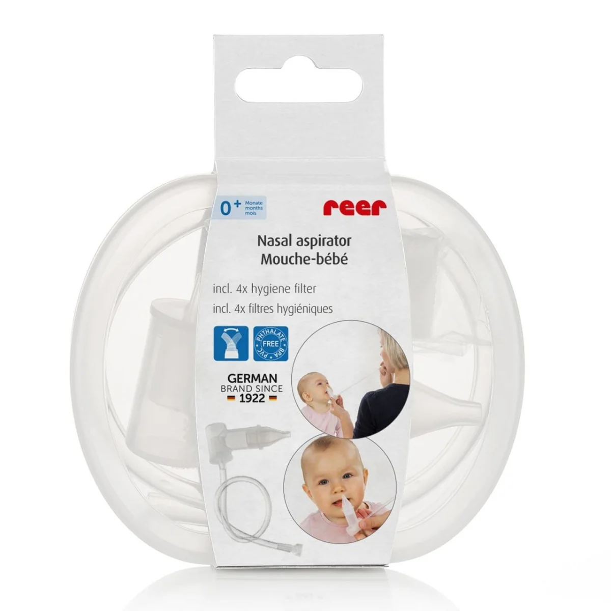Aspirator nazal bebelusi cu aspirare bucala, cutie depozitare si 4 filtre 79139, 1 bucata, Reer