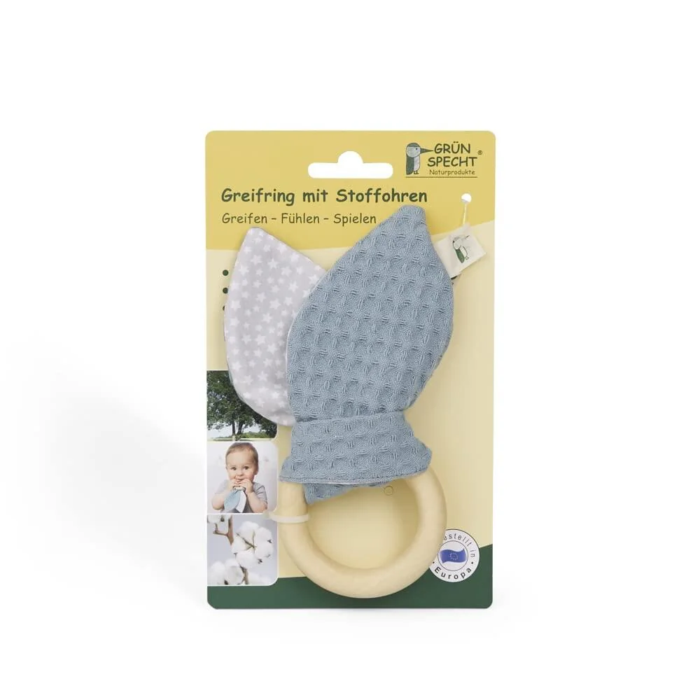 Jucarie organica cu inel de prindere din lemn si urechi din material textil gri 696-V3, 1 bucata, Grunspecht