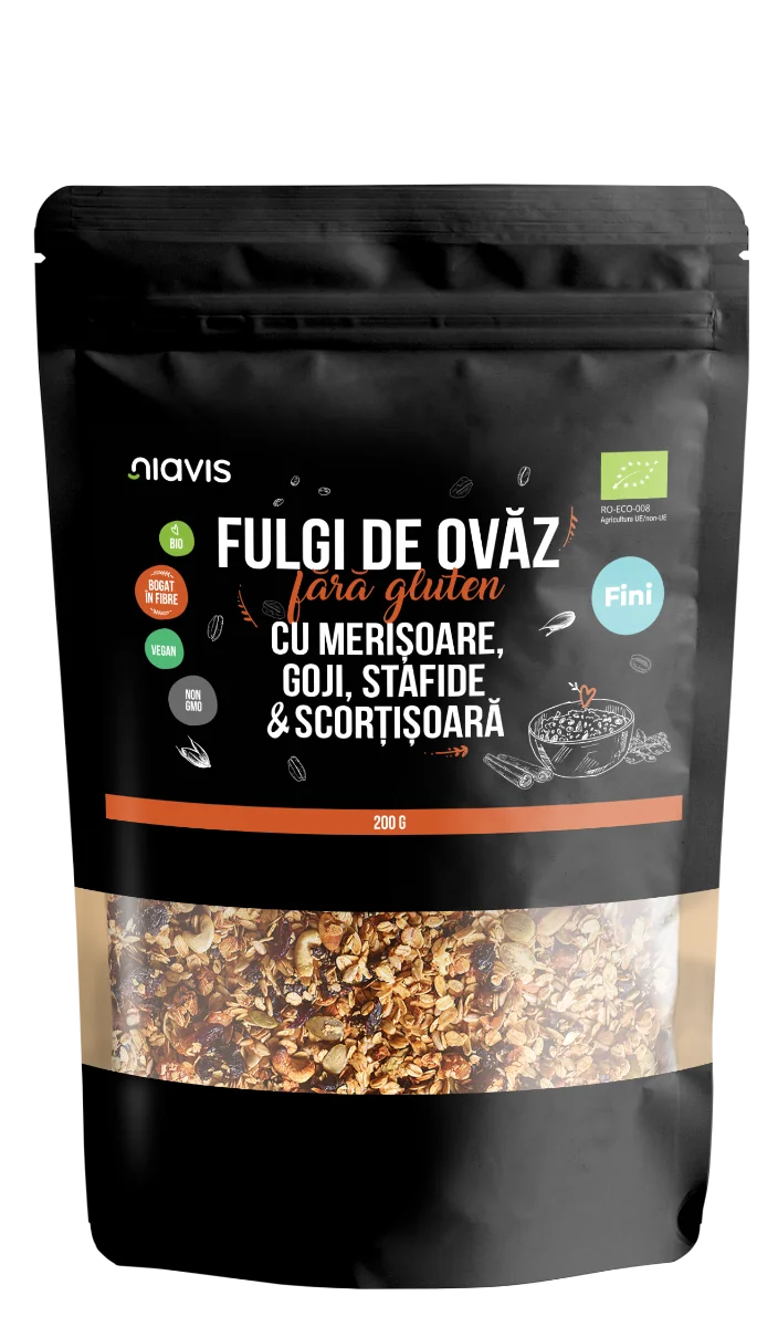 Fulgi de ovaz fini fara gluten cu merisoare, goji, stafide si scortisoara Eco, 200g, Niavis