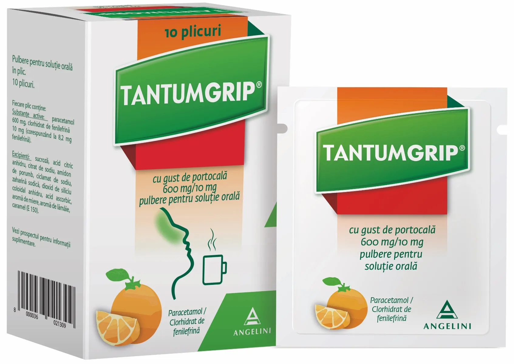 TantumGrip cu gust de portocala 600 mg/10 mg, 10 plicuri, Angelini 