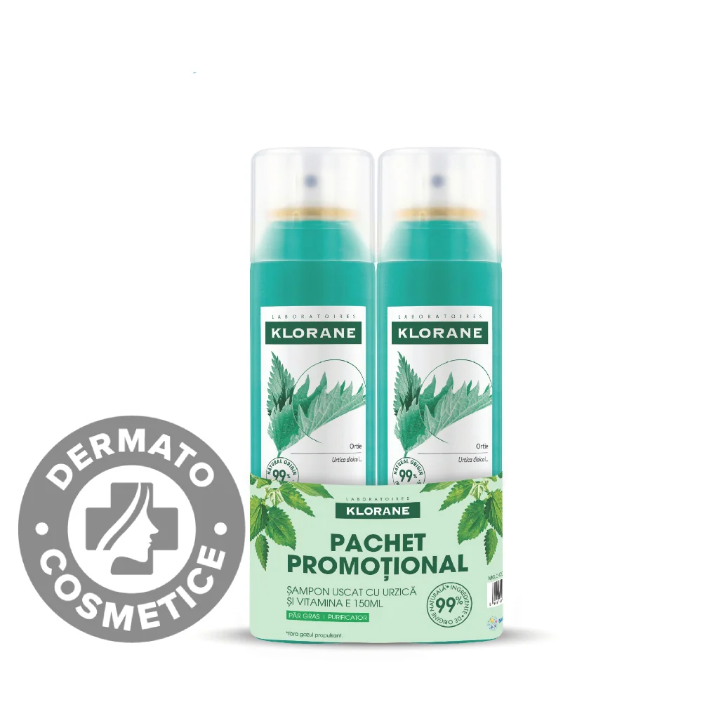 Pachet sampon uscat cu extract de urzica si vitamina E, 2 x 150ml, Klorane 